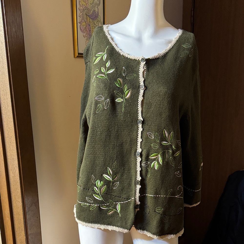 Olive Green Embroidered Women's Cardigan Sweater